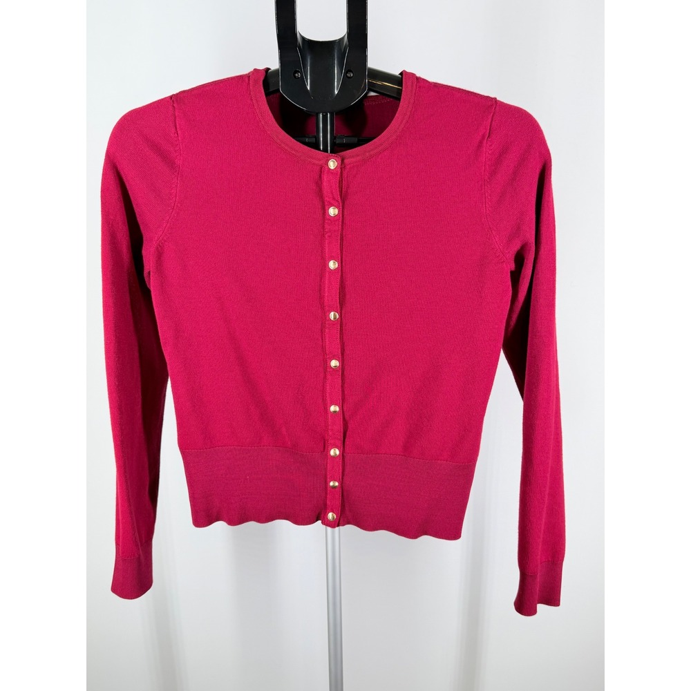 White House Black Market Red Cardigan Gold Button Crew Neck Sweater Womens Med